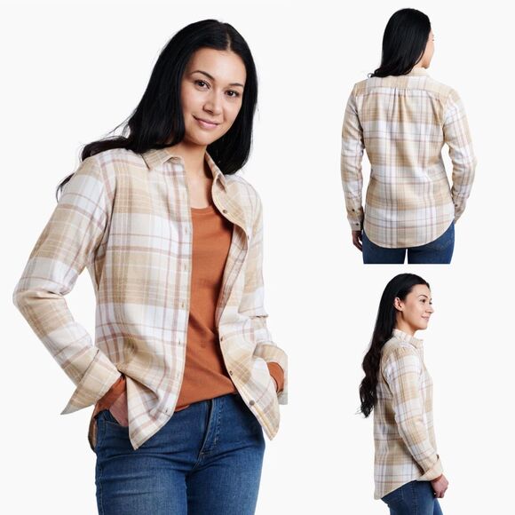 Kuhl Kamila Flannel Women Size M Copper Plaid Button Up Outdoor Casual Top Hike - Picture 1 of 16